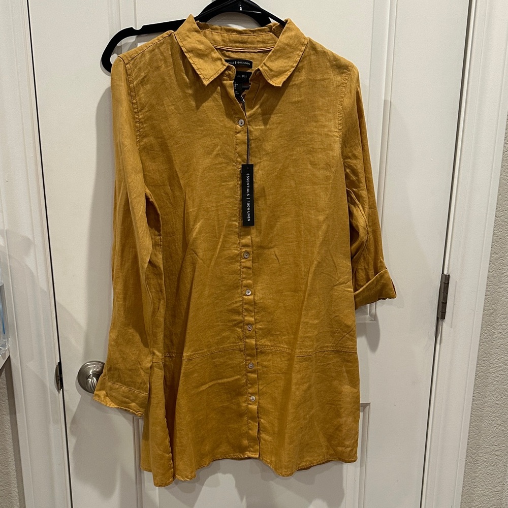 TAHARI 100% linen mustard Long Sleeve tunic Shirt